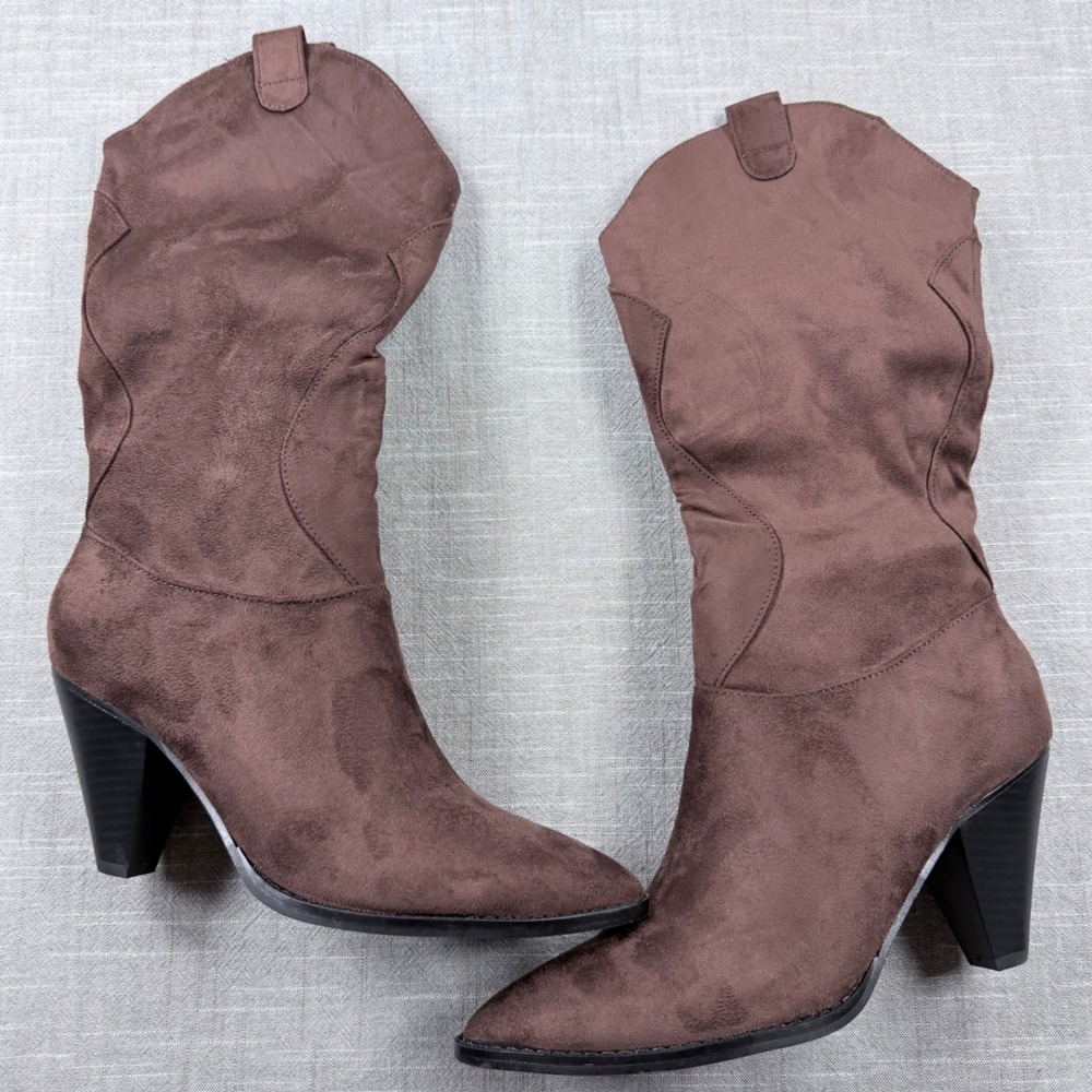 Womens Brown Faux Suede Western Mid Calf Boots Pointed Toe Size 8